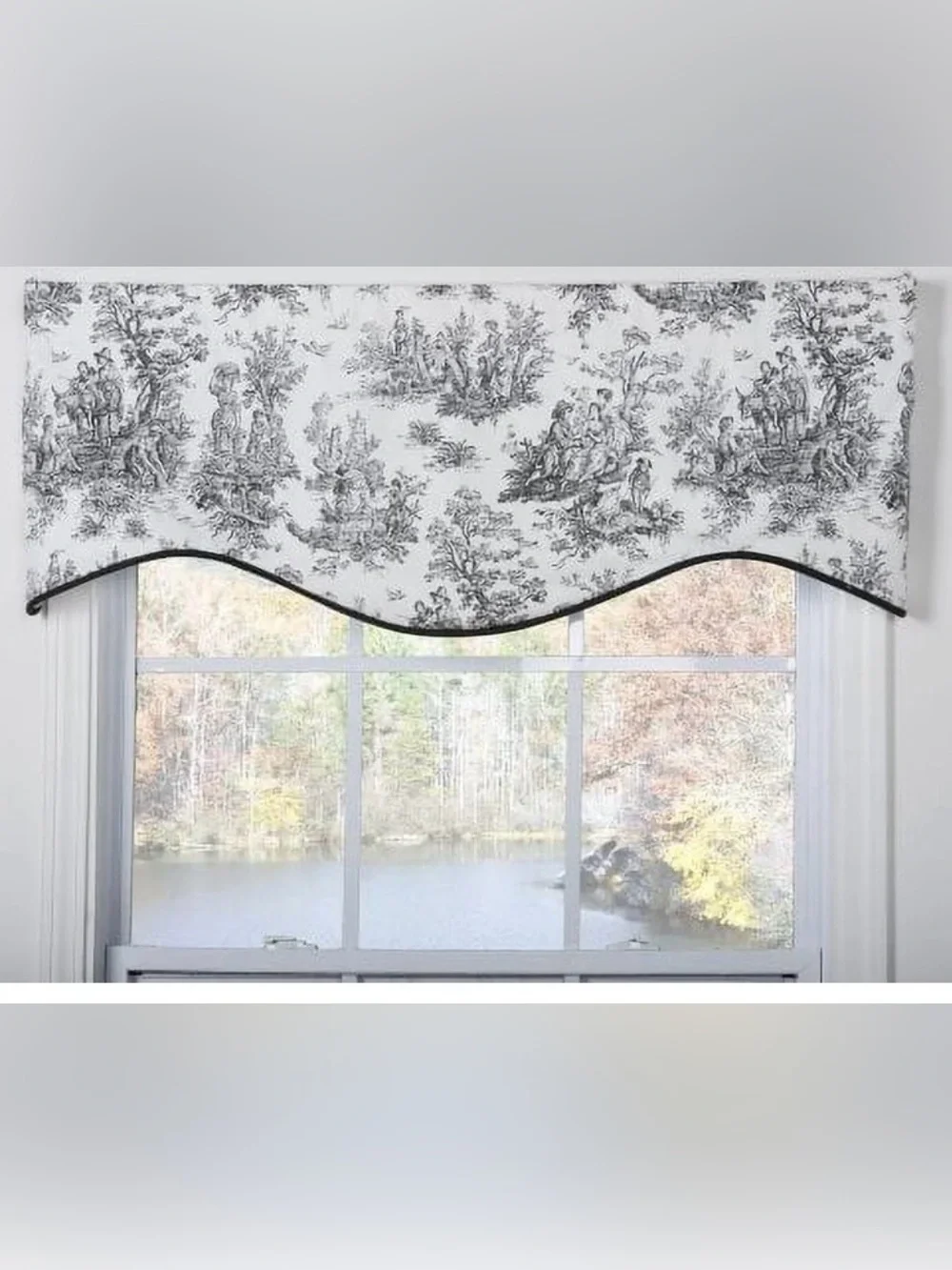 Black and Ivory Toile Shaped Valance with Scalloped Edge 52” long
